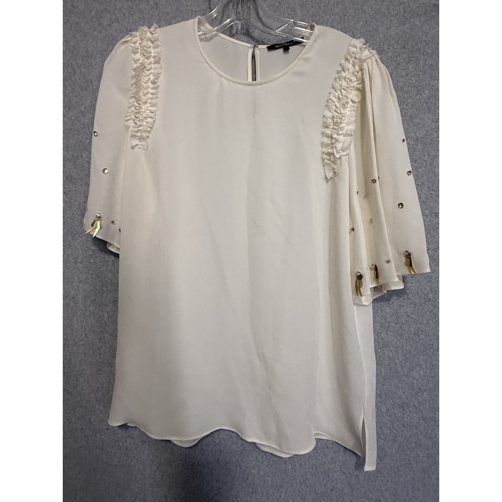 Kobi Halperin Blouse Womens Medium White Silk Rhinestone Embellished Tunic Top